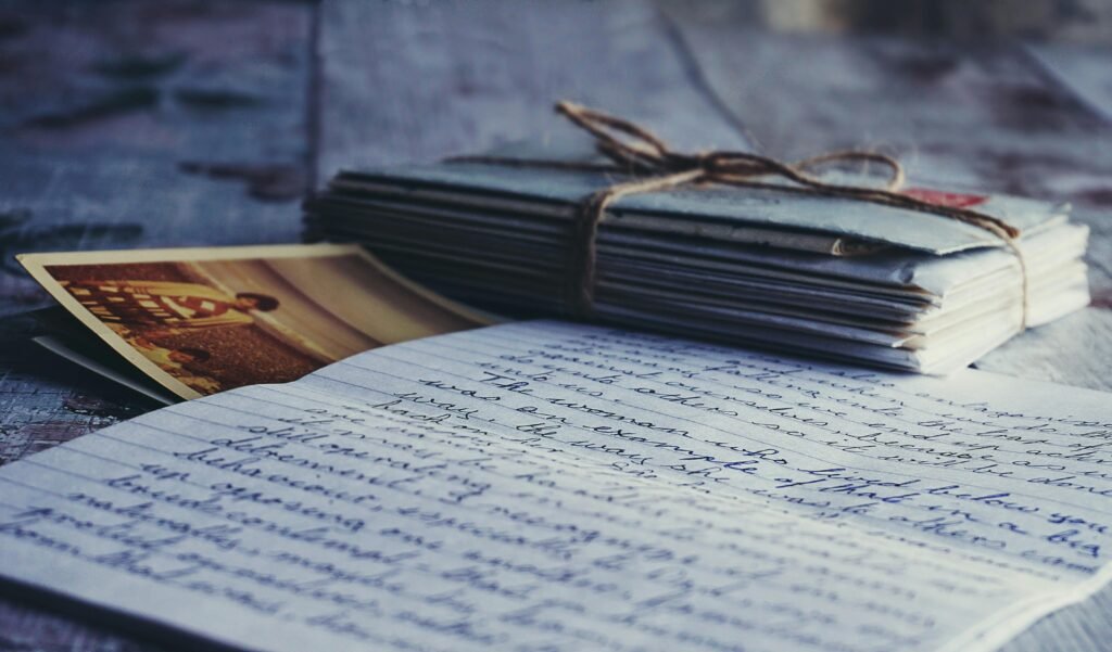 Stack of vintage letters and photographs tied with string on a rustic wooden table. Stack of vintage letters and photographs tied with string on a rustic wooden table.